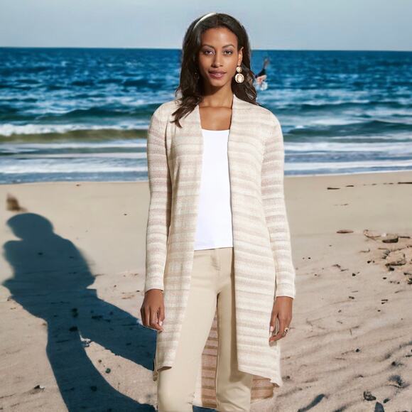 CHICOS Chico's KENNEDY Long CARDIGAN SWEATER Tan Beige SIZE 1 M 8 - Picture 2 of 12